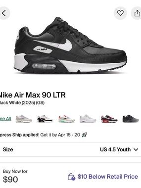 Nike Black White Refurbished Air Max 90 LTR (GS)